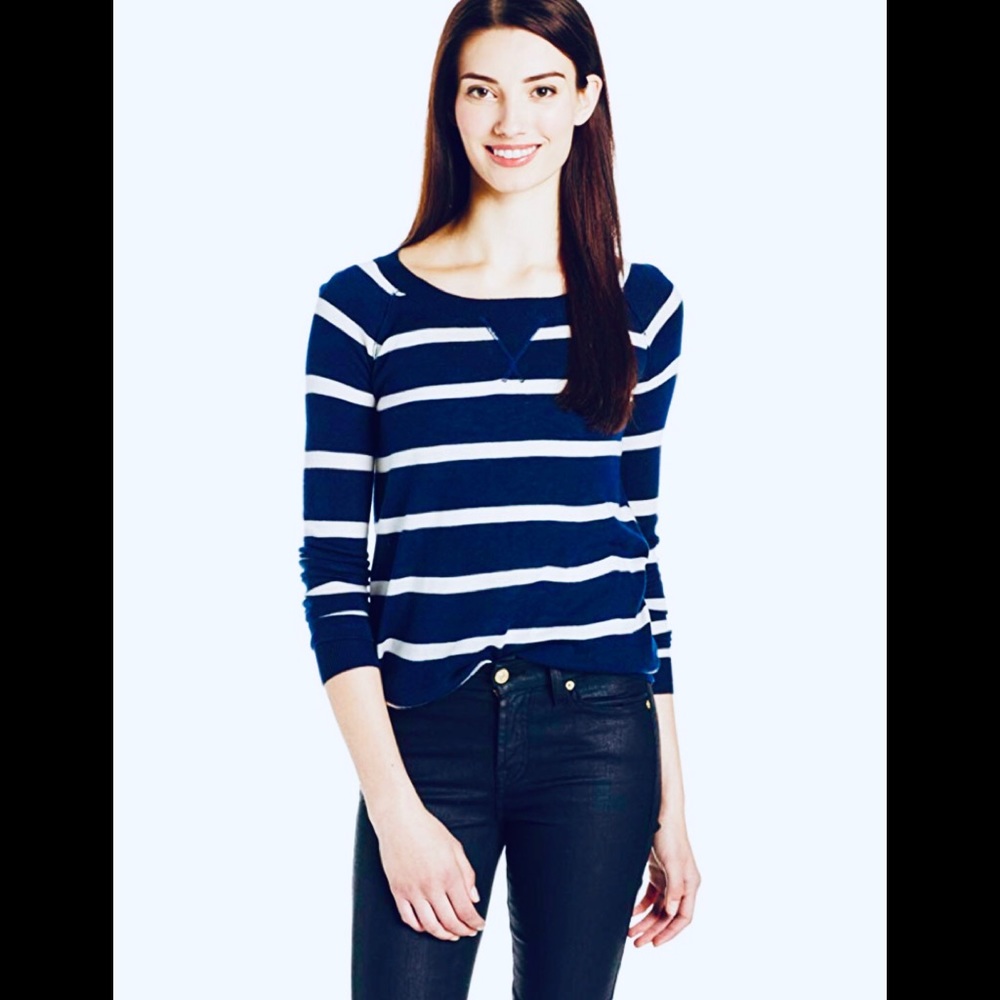 Splendid Cashmere Blend Blue & White Striped Lightweight Crewneck Sweater